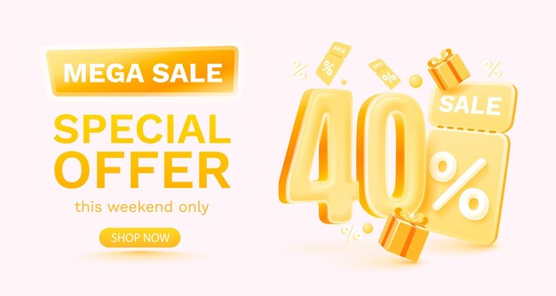 40 por ciento Oferta especial mega venta Cheque y caja de regalo Banner y cartel de venta Vector