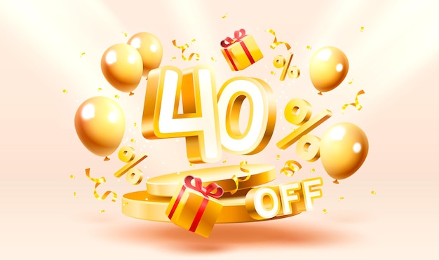 40 de descuento Composición creativa Símbolo de venta 3d con objetos decorativos podio de confeti dorado