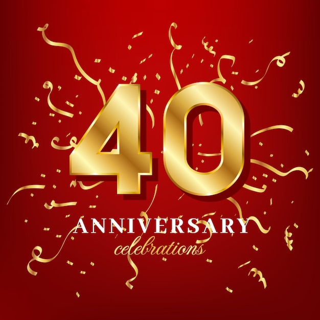 40 números dorados y texto de celebración de aniversario con confeti dorado esparcido sobre un fondo rojo