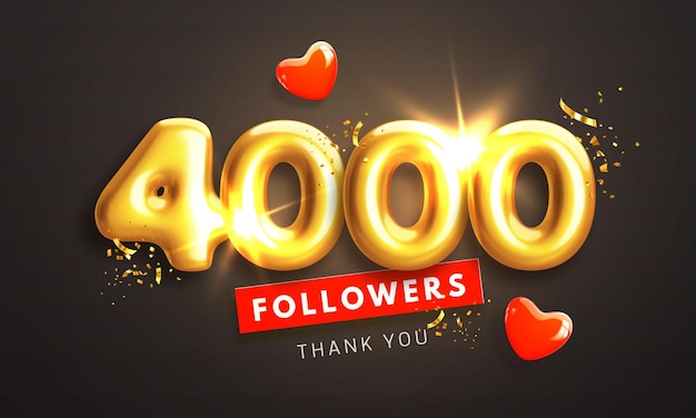 4000 seguidores banner de celebración gracias 4k seguidores gente números 3d dorados y corazones rojos
