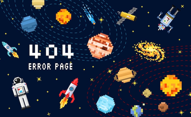 Vector 404 página de error no encontrada espacio fondo astronauta robot cohete y satélite cubos sistema solar planetas pixel art digital vintage estilo de juego concepto de problema de conexión a internet
