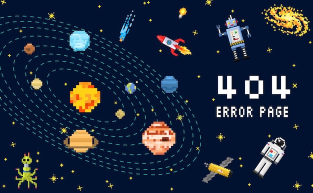 404 página de error no encontrada espacio fondo astronauta robot cohete y satélite cubos sistema solar planetas pixel art digital vintage estilo de juego concepto de problema de conexión a internet