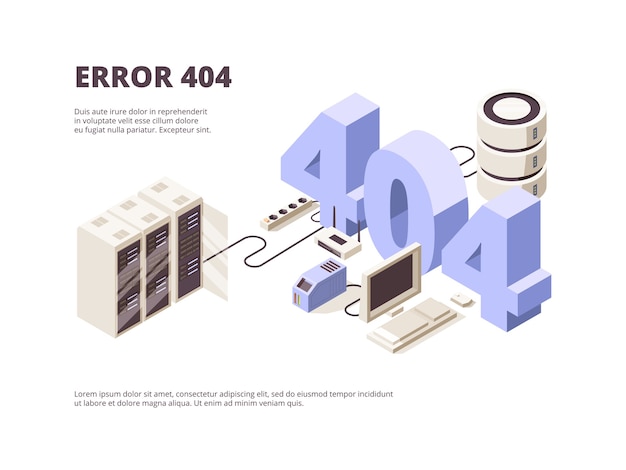 404 página. Error de tecnología web problemas de alojamiento servidor de computadora caída diseño de aterrizaje isométrico