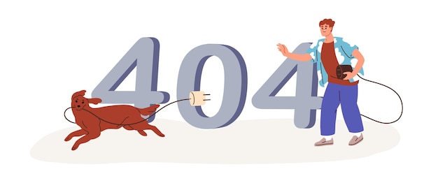 404, Página no encontrada error, fallo de acceso, concepto de desconexión a Internet. Problema de sitio web incorrecto, diseño de página web gracioso descargado. Ilustración vectorial gráfica plana aislada en fondo blanco