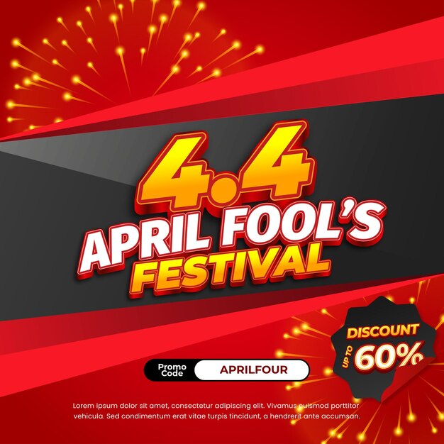 44 April Fools Sale ofertas de descuento vibrante Gradiente rojo Efecto de texto editable Banner pop-up negro