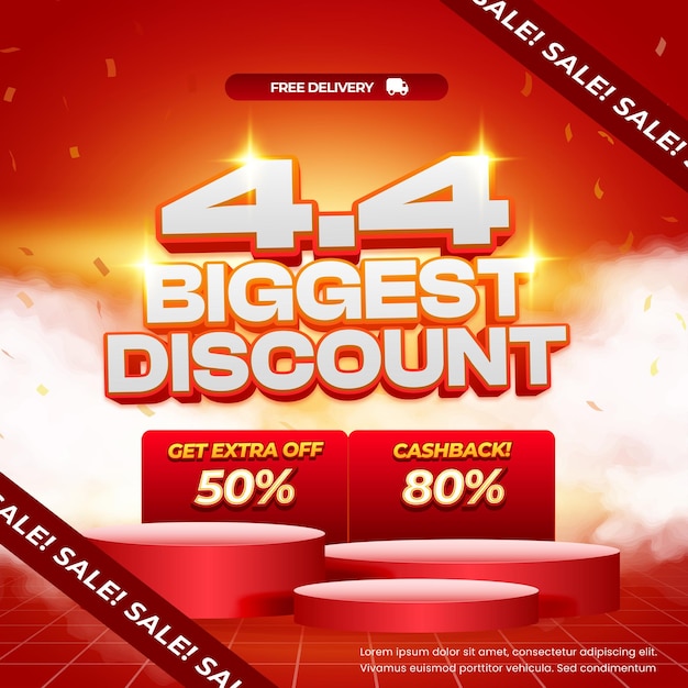 44 días de compras Concesiones de descuento vibrantes Gradiente rojo Efecto de texto editable Banner de confeti