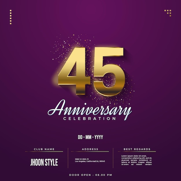 45 aniversario con combinación de números dorados y fondo morado.