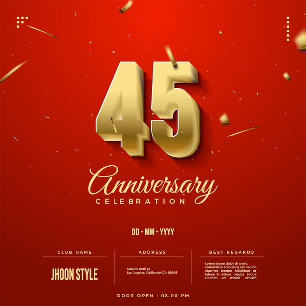 45 aniversario con números de oro 3d realistas.