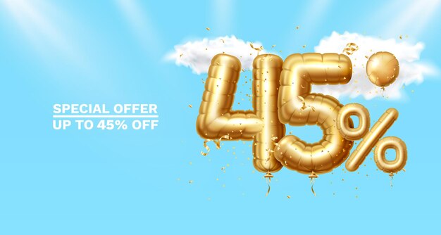 45 de descuento Composición creativa 3d Símbolo de venta dorada con objetos decorativos confeti dorado