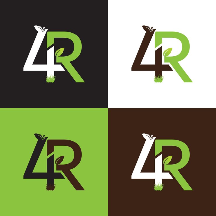 4R superposición con el logotipo icónico de la empresa de cuidado del césped de hojas
