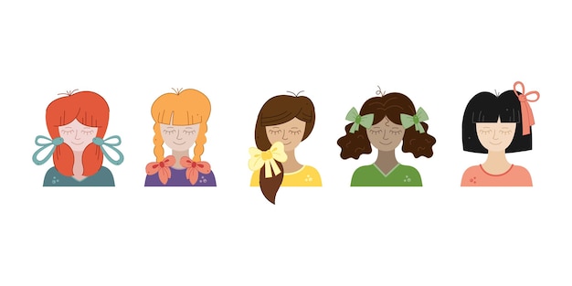 Vector con 5 chicas con diferentes peinados y arcos de cabello ilustración vectorial de garabateo en color