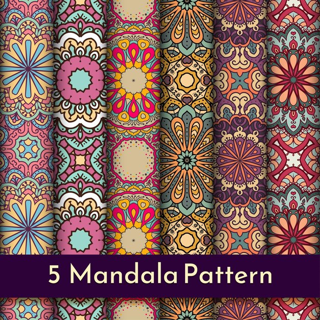 5 Conjunto de coloridos patrones sin costuras de mandalas étnicas