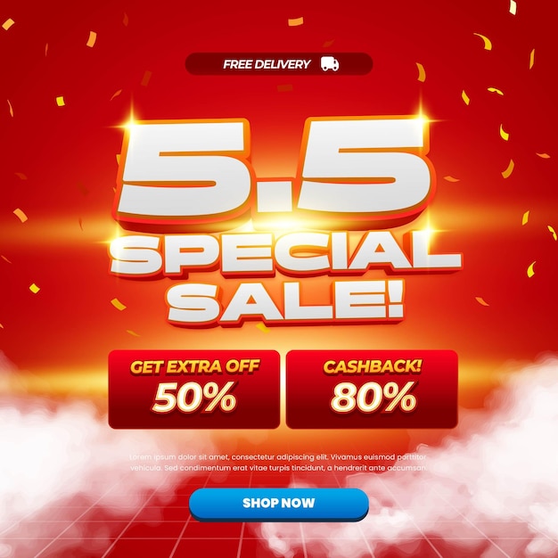 5 Día de compras Ofertas de descuento de venta con gradiente rojo Texto editable en negrita con confeti nublado