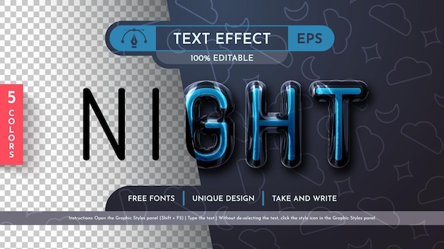 5 estilos gráficos de efectos de texto editables para el vidrio nocturno