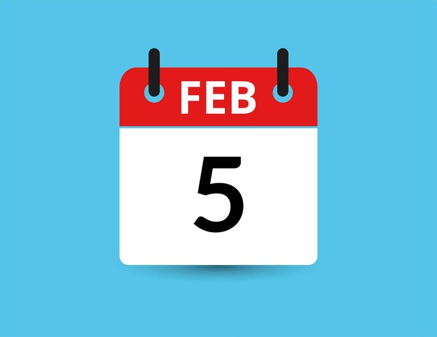 5 de febrero Calendario de icono plano aislado en fondo azul Ilustración vectorial de fecha y mes
