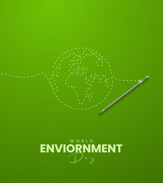 5 de junio Día Mundial del Medio Ambiente efecto de hilo mapa del mundo con aguja Ilustración vectorial 3D Illustra