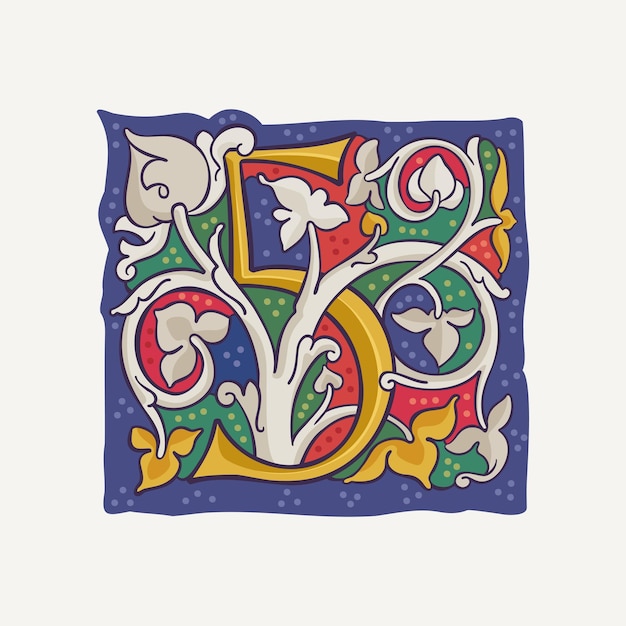 5 logo Número cinco capitular con vid blanca entrelazada y elementos de caligrafía dorada Renacimiento