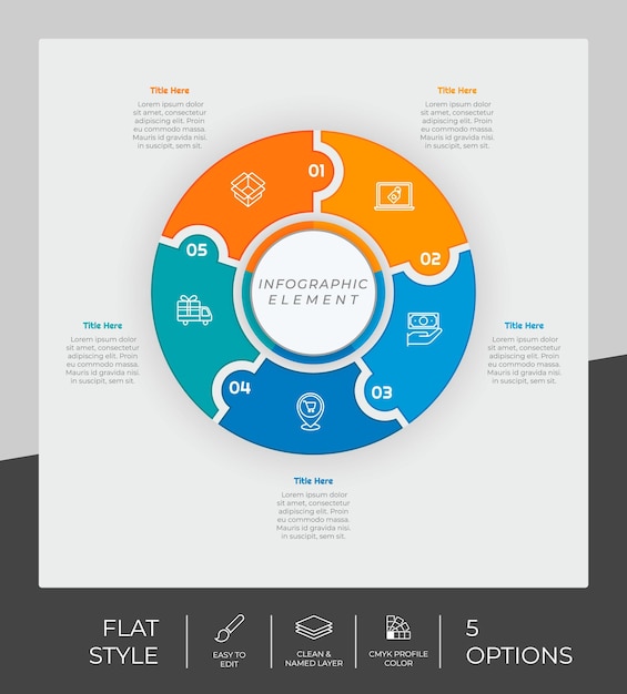 Vector 5 opciones de diseño vectorial infográfico plano con objeto circular para marketing la opción infográfica se puede utilizar para presentaciones y negocios