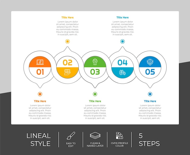5 pasos de diseño vectorial infográfico de línea con objeto cuadrado para marketing La infografía de proceso se puede utilizar para presentaciones y negocios