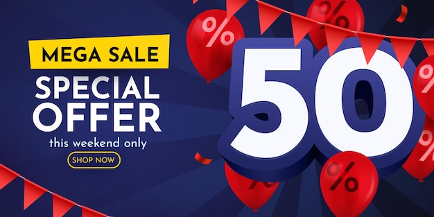 50 por ciento de descuento en composición creativa Mega venta ilustración vectorial