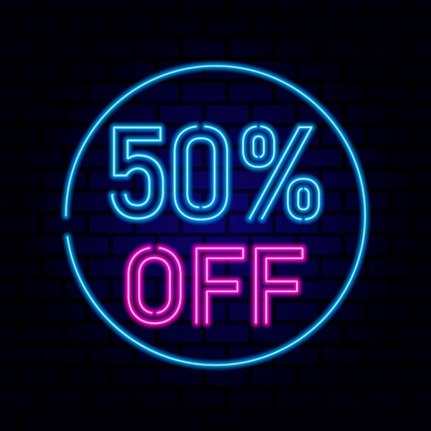 50 por ciento VENTA brillante signo de lámpara de neón Ilustración vectorial