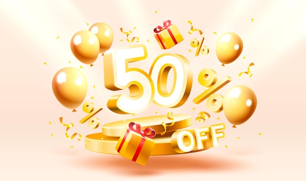 50 de descuento en composición creativa símbolo de venta 3d con objetos decorativos podio de confeti dorado