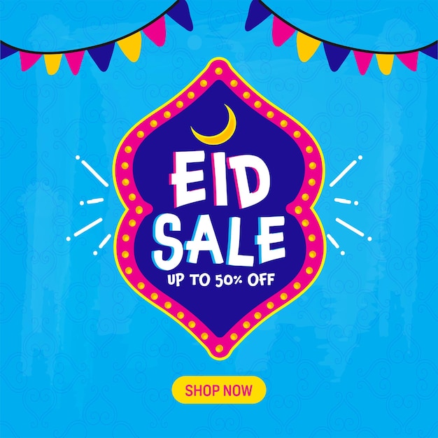 Vector hasta 50 de descuento en diseño de póster de venta de eid decorado con banderas del empavesado