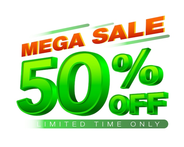 50 de descuento Mega venta Oferta especial Plantilla 3D Descuento de venta del cincuenta por ciento