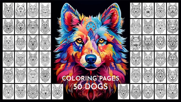 50 Dibujos de Perros Antiestrés para colorear Eps 10