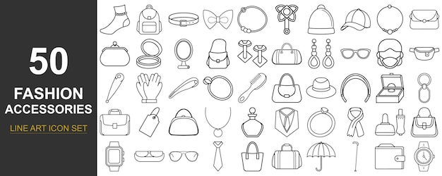50 elegantes iconos de arte de línea vectorial de accesorios de moda con bolsas joyas pelo ropa gafas