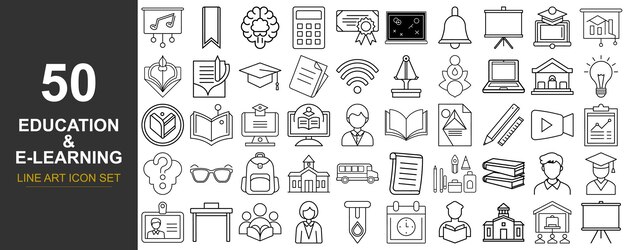 50 íconos de arte de línea limpia que representan elementos modernos de educación y aprendizaje electrónico
