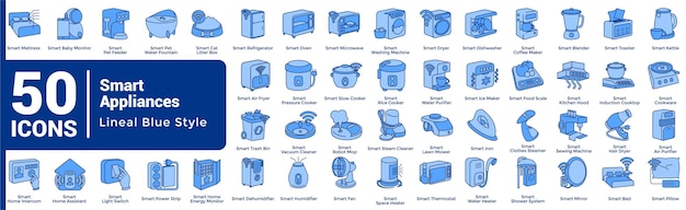 50 íconos de electrodomésticos inteligentes - Estilo azul lineal