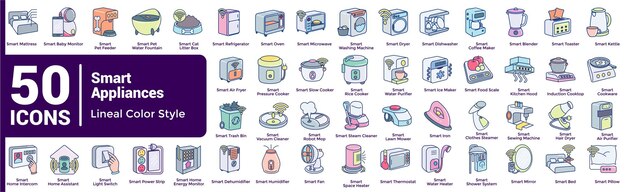 50 iconos de electrodomésticos inteligentes - estilo de color lineal
