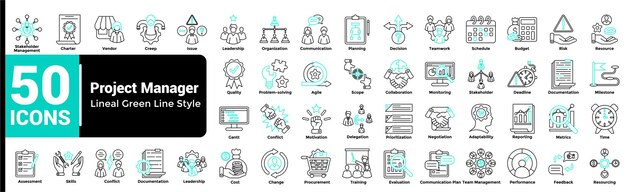 50 Iconos de gerente de proyecto - Estilo verde lineal