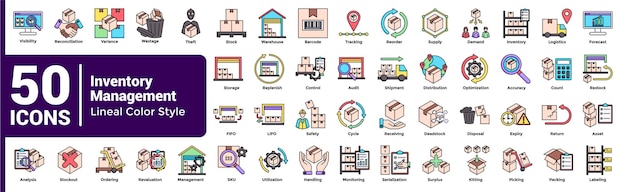 50 iconos de gestión de inventario en estilo de color lineal