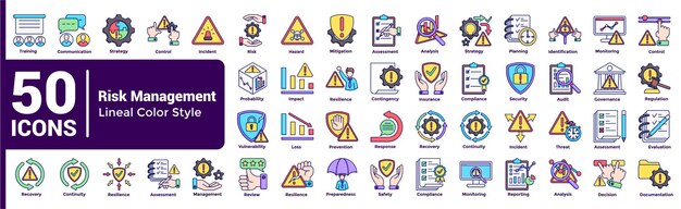 50 Iconos de gestión de riesgos - Estilo de color lineal