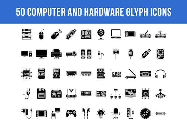 50 iconos de glifos de computadora y hardware