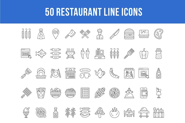 50 iconos de línea de restaurante