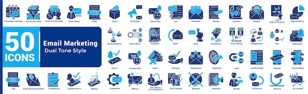 50 íconos de marketing por correo electrónico en estilo de doble tono