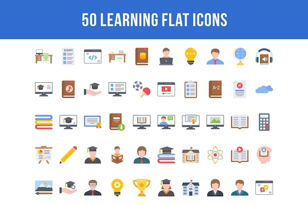 50 iconos planos de aprendizaje