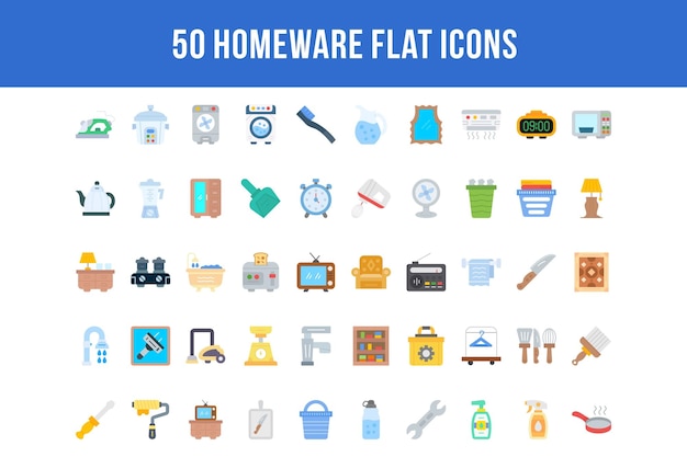 50 iconos planos de artículos para el hogar