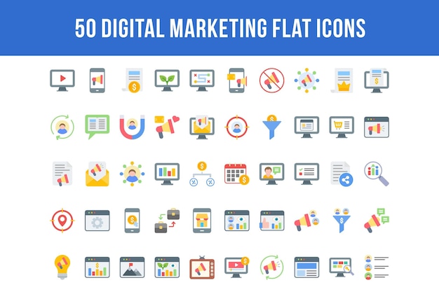 50 iconos planos de conjunto de marketing digital