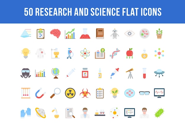 50 iconos planos de investigación y ciencia