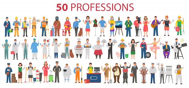 50 profesiones. Gran conjunto de profesiones en estilo plano de dibujos animados para niños. Día Internacional de los Trabajadores, Día del Trabajo