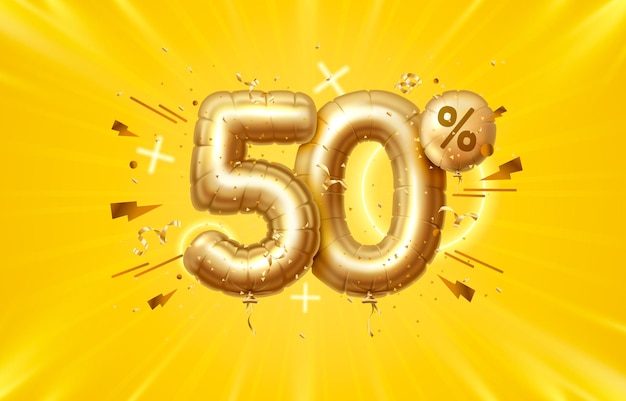 50% rebajado. Descuento composición creativa. Símbolo de venta de oro 3D con objetos decorativos, globos en forma de corazón, confeti dorado, podio y caja de regalo. Cartel y pancarta de venta. Ilustración vectorial.
