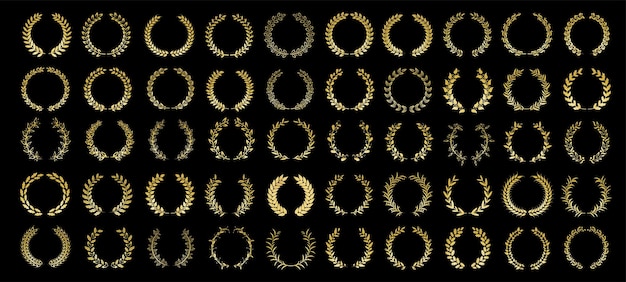 50 Varias coronas de oro aisladas sobre fondo oscuro Colección de coronas de laurel dorado Vector