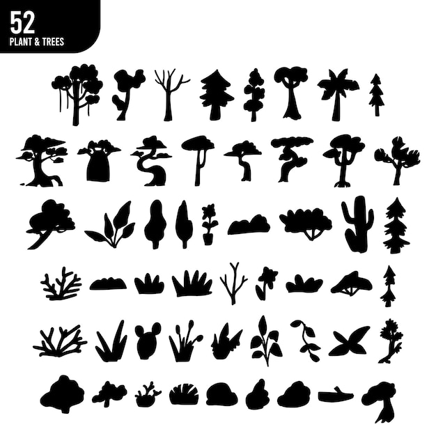 Vector 52 silueta de plantas y árboles con fondo blanco - palma, baobab, arbusto y hierba