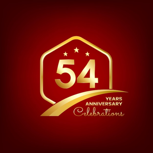 54 años de aniversario dentro del hexágono dorado y la curva con fondos rojos