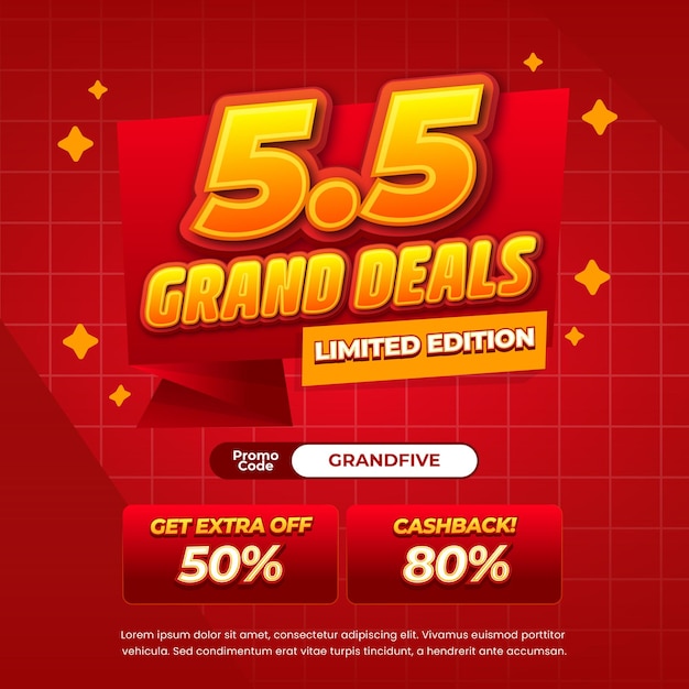 55 días de compras Mix de ofertas de descuento de venta Gradiente rojo Efecto de texto editable Banner de insignia pop-up