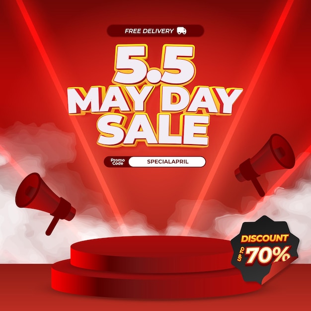 55 ofertas de descuento de venta de Mayday Texto editable con gradiente rojo vibrante Banner de podio premium